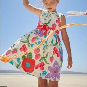 Mini Boden Girls Flower Print Cotton Linen Blend Dress With Tie Sz 5 6 Years.